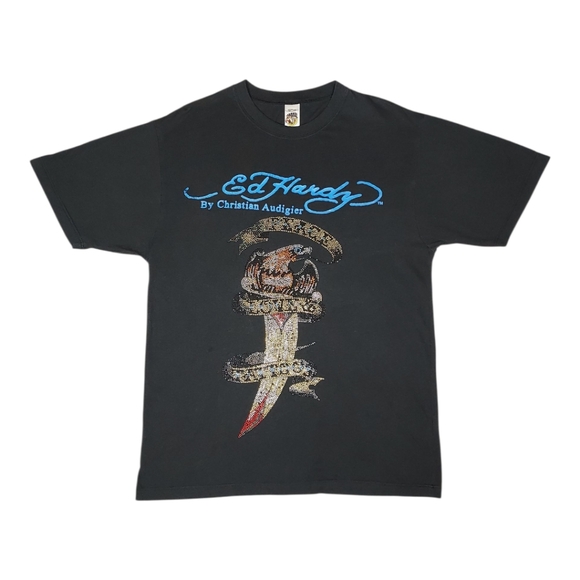 Vintage Ed Hardy Black Multicolored Mini Rhinestone Graphic T-Shirt Size M - Picture 2 of 10